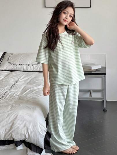 Dazy Kids 女童条纹短袖T恤+条纹裤家居服，夏季