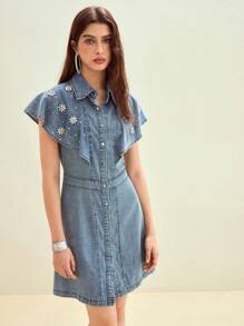 MOTF STUDIO 水钻细节纽扣牛仔连衣裙 - 藍色 - 查看 4