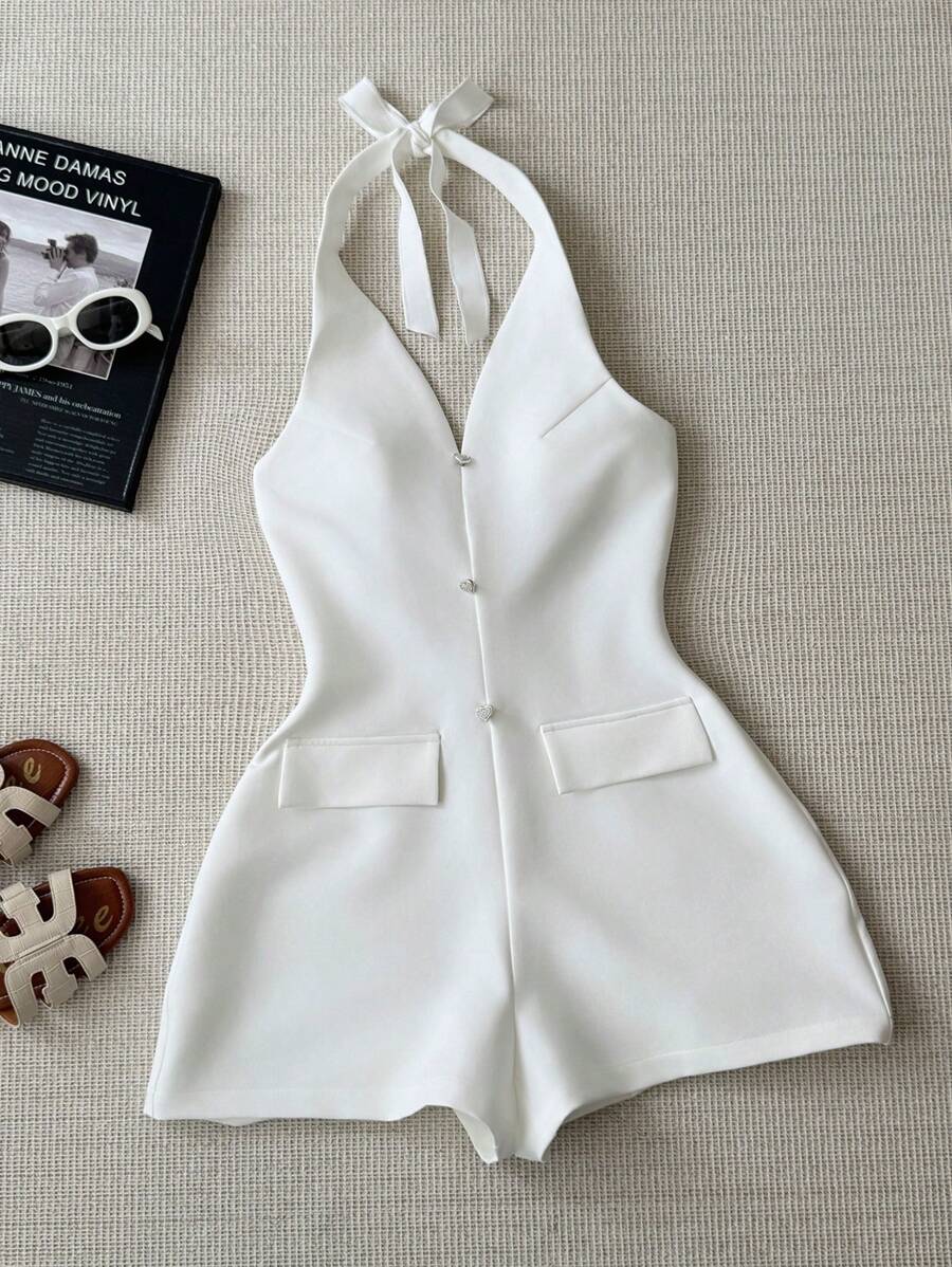 INAWLY Solva Women's Sleeveless Button Front Jumpsuit With Pockets, Casual & Minimalist - White - View 1