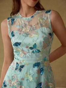 MOTF PREMIUM EMBROIDERY CONTRAST MESH COCKTAIL DRESS