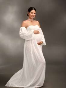 SHEIN 孕妇露肩灯笼袖连衣裙，适合洗礼、摄影、派对 - 白色 - 查看 1