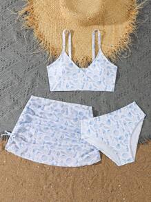 3件套女童印花分体泳衣小女孩夏季服装夏季衣服套装夏季女童套装女童夏季套装 - 藍色 - 查看 5