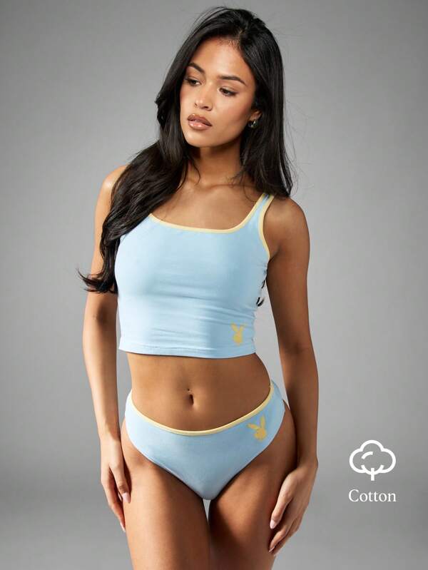 Missguided x Playboy Ultra Soft Cropped Tank Top High Rise Brief Set Retro Athletic Pajama Lounge Set Two Piece Sleepwear