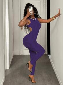 BamGleam Women's Solid Color Crew Neck Hollow Mesh Jumpsuit
