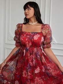 Lyrianda 大码女式春夏方领度假欧根纱优雅、甜美、可爱的长裙