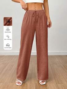 SHEIN PETITE Women's Linen High Waisted Summer Baggy Pants,Fall Women Clothes - Rust Brown - View 8