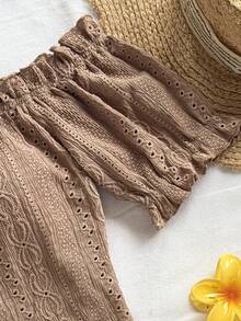 Soleia 百搭露肩荷叶边弹力短款皱褶短袖T恤上衣露肩上衣露肩短款上衣褶饰上衣挤奶女工上衣网眼上衣夏季上衣 - 卡其色 - 查看 6