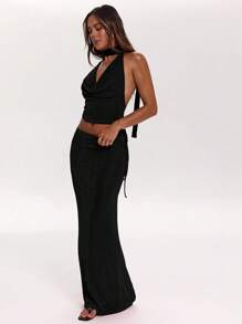 SHEIN BAE Fashion Sexy Halter Backless Top And Skirt Set, Suitable For Date Night, Singles Party, Wedding Guest, Holiday Beach Vacation, Spring/Summer