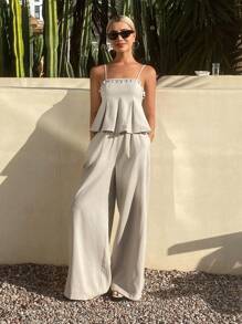 Livesso 2 件套褶皱吊带背心露背上衣和阔腿裤休闲夏季度假套装女士亚麻 - 杏色 - 查看 1