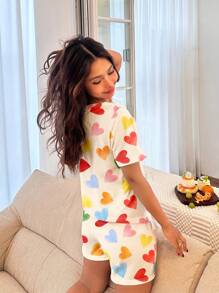 SHEIN Leap Crew 彩色手绘心形印花，适合夏季女童休闲简约圆领短袖短裤睡衣，可爱清新童装风格 - 彩色 - 查看 2