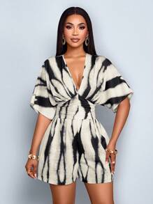 SOLERSUN Women's Floral Print Deep V-Neck Batwing Sleeve Ruched Waist Pleated Jumpsuit