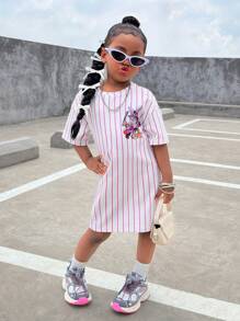 SHEIN Casual Cartoon Print Short Sleeve Knit Dress For Young Girls, Loose Comfortable Versatile Daily Wear Cartoon Tshirt Dress - Pink - View 2