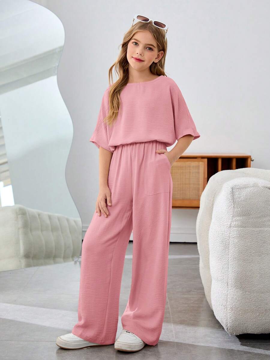 SHEIN Tween Girls Casual Vacation Solid Color Round Neck Short Sleeve Two-Piece Set - Pink - View 1