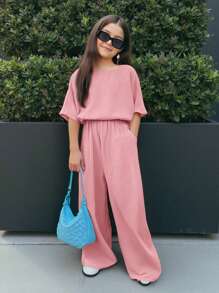 SHEIN Tween Girls Casual Vacation Solid Color Round Neck Short Sleeve Two-Piece Set - Pink - View 6