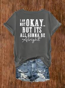 Glissea 女士休闲图案 T 恤 - “I'm Okay” 和 “Beautifully Broken” 字母印花，圆领，短袖，可机洗，黑色，四季皆宜 T 恤 | 背部印花衬衫 | 玫瑰图案设计，女士 T 恤 - 深灰色 - 查看 2