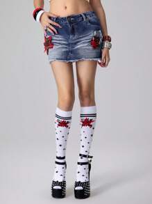 ROMWE J-Fashion 复古朋克风女式褶皱迷你裙，星星格子刺绣设计，低腰超短款 - 藍色 - 查看 6