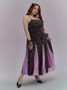 ROMWE Avant Romantisches Sommer Urlaubs Blumen Muster Mesh Maxi Kleid für Große Größen