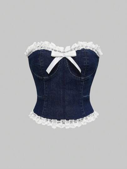 Kawaii توب قصير من الجينز مزين بالدانتيل بطباعة العقدة على الطراز Y2K للنساء