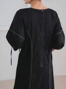 Dazy-Less Vestido midi reto vintage com cordão e decoração, roupa de escritório, casual, elegante, para viagem, de manga curta, jeans, para mulheres - Preto - Ver 4