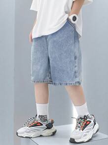 SHEIN Young Boy Summer Retro Casual Patch Loose Fit Baggy Blue Denim Shorts With Side Pocket For Kids Clothes Boys Costume Dailywear And Kids Four Seasons Clothes