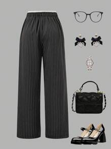 SHEIN Tween Girls Striped Casual Pants With Waist Tie & Wide Leg - Dark Grey - View 2