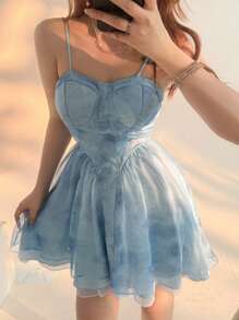 DAZY Robe bleue à taille cintrée, robe mini en tulle violet princesse bouffante pour les mariages d'été, robes pour femmes, robe de cocktail - Bleu azur - Voir 5