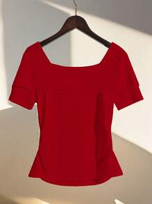 GlowEve Women's Knit Striped Texture Splicing Red Button Decor Luxurious French Chic White Short Sleeve Top For Summer - Red - View 2