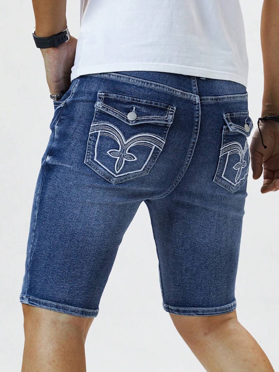 Manfinity Homme شورت جينز رجالي بقصة نحيفة مريحة ، صيفي - الأزرق - مشاهدة 1