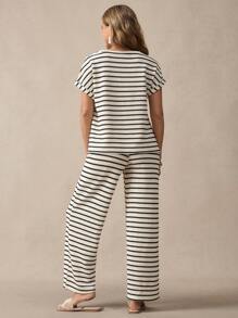 Boho Mama 2pcs/Set Maternity Short Sleeve Striped Top And Pants, Simple Fashionable Casual Everyday Wear