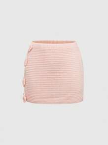 ROMWE Women 3D Floral Knitted Mini Skirt, Casual Vacation - Baby Pink - View 3