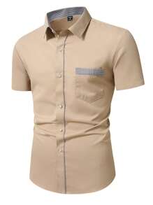 Manfinity Mode Contrast Trim Front Button Summer Short Sleeve Shirt (Asymmetrical Print) - Khaki - View 3