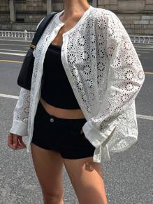 DAZY 女款圓領對比蕾絲寬鬆透視長袖襯衫校園風 - 白色 - 查看 3