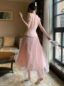 xheDAZY Vestido de media pantorrilla de malla de 2 en 1 para mujer, para primavera/veranoxhe - Rosa - Ver 4