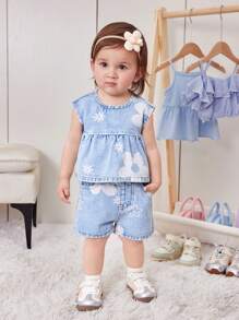 Bộ áo và quần short DENIMLY in họa tiết hoa cho bé gái, giặt nhẹ, sản phẩm thời trang ấm áp hàng ngày không thể thiếu cho mùa xuân hè. - Rửa nhẹ - Xem 5