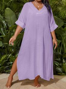 Slaydiva Plus Size Vacation Beach Solid Color Side Slit Cover-Up Dress For Summer - Mauve Purple - View 6