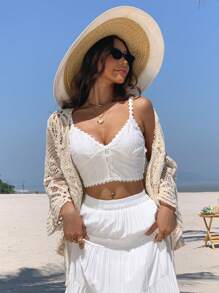 DAZY Boho Vacation Style Crochet Hollow Out Knitted Cardigan For Women, Spring/Summer, Tie Front Crop Top, Fall Cruise - Beige - View 6