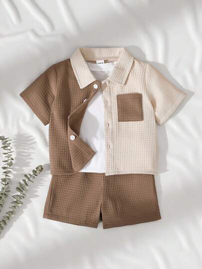 Vintaside Kids Baby Boy Decorated Patch Pocket Lapel Short Sleeve Cardigan And Shorts Set