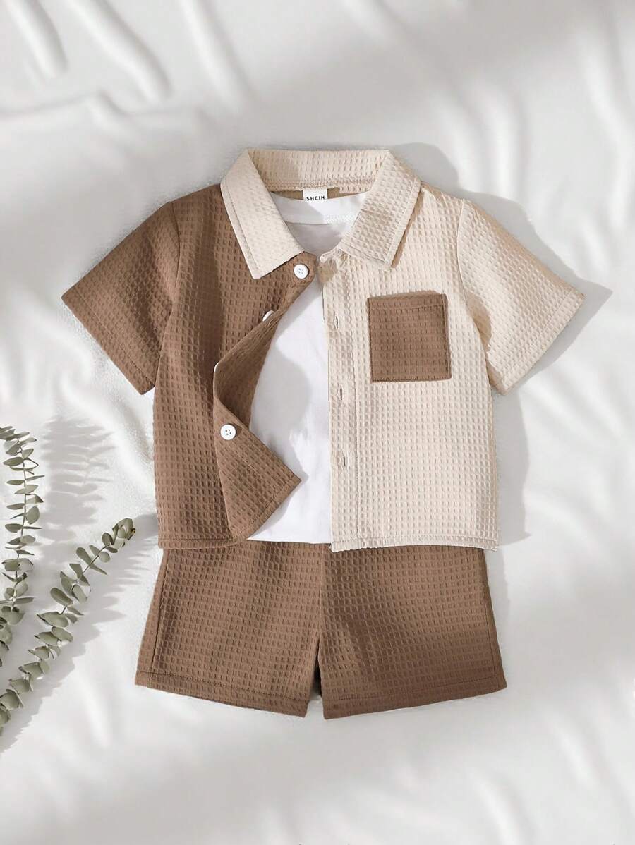Vintaside Kids 男婴装饰贴袋翻领短袖开衫和短裤套装 - 卡其色 - 查看 1