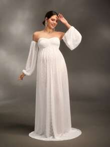 SHEIN 孕妇露肩灯笼袖连衣裙，适合洗礼、摄影、派对 - 白色 - 查看 5