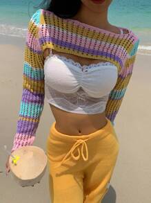 SHEIN EZwear Áo len croptop nữ họa tiết sọc nhiều màu, khoét lỗ, thích hợp cho kỳ nghỉ hè ở bãi biển châu Âu. - Nhiều màu - Xem 2