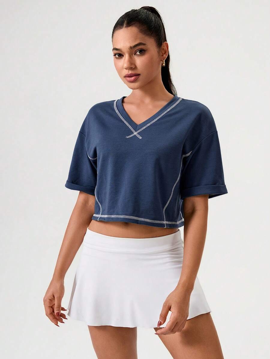 Hanevo Kontrastreicher Kragen V-Ausschnitt lässiges, vielseitiges Kurzarm T-Shirt für den Sommer - Blau - Übersicht 1