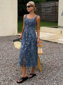 Livesso 女士夏季提花U领弹力腰无袖牛仔连衣裙度假装 - 藍色 - 查看 6