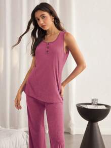 SHEIN Soft & Cozy Tank Top & Pants Lounge Pajama Set, Casual Style, Outfits - Hot Pink - View 4
