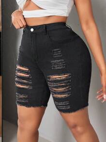 SHEIN SXY Plus Size Women Black Denim Elastic Skinny Ripped Sexy Shorts - Dark Grey - View 3