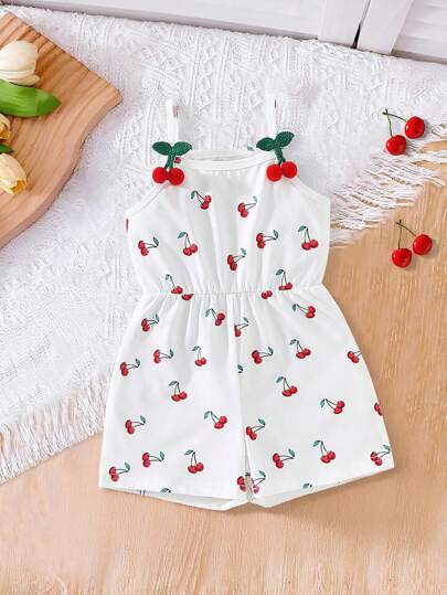 Genkimix Kids Girls Casual Cute Sleeveless High Waist Cropped Fit Cherry Print Romper With 3D Cherry Decor, Fashionable Summer Outfit For Girls