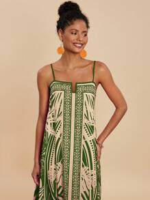 Travachic Vestido de tirantes sueltos con estampado de palmeras para mujer, ideal para vacaciones - Verde - Ver 3