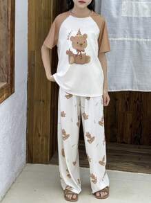 SHEIN 2 Pcs Tween Girl Cute Cartoon Bear Print Color Blocking Raglan Sleeve Round Neck Short Sleeve Top And Loose Casual Knit Pajama Set - White - View 4