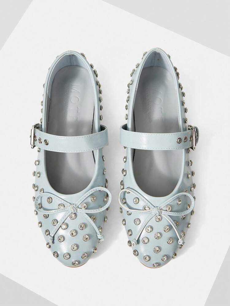 FASHIONABLE VINTAGE PUNK COMFORTABLE CASUAL STUDDED BOW DECOR MARY JANE ROUND TOE FLAT SHOES