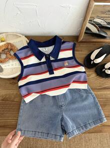 SHEIN Toddler Boys 2pcs Summer Set, Collared Sleeveless Striped Bear Embroidery Vest Top Paired With Denim Shorts, Crisp Fit For Outdoor, Casual, Party Occasions - Multicolor - View 1