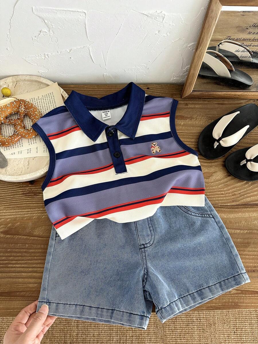 SHEIN Toddler Boys 2pcs Summer Set, Collared Sleeveless Striped Bear Embroidery Vest Top Paired With Denim Shorts, Crisp Fit For Outdoor, Casual, Party Occasions - Multicolor - View 1